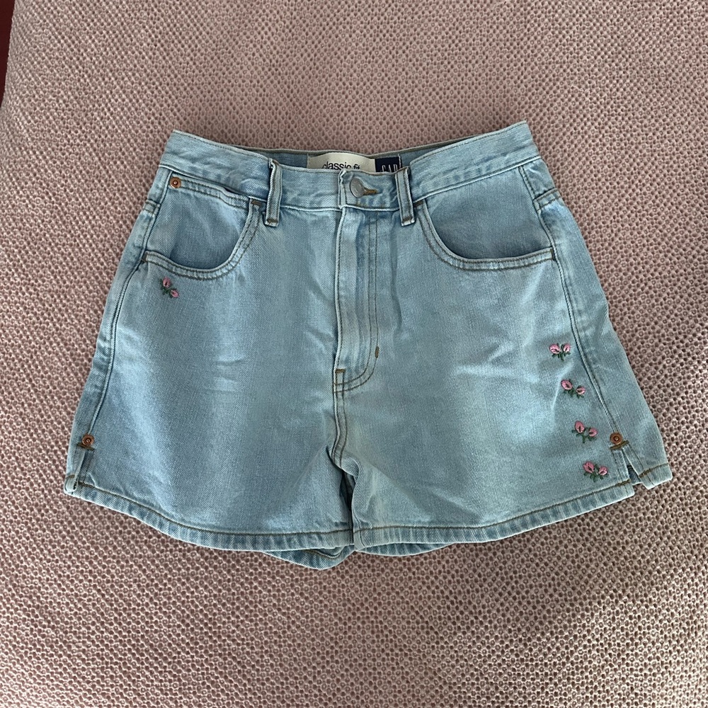GAP Light Blue Jean Shorts with Pink Embroidery
